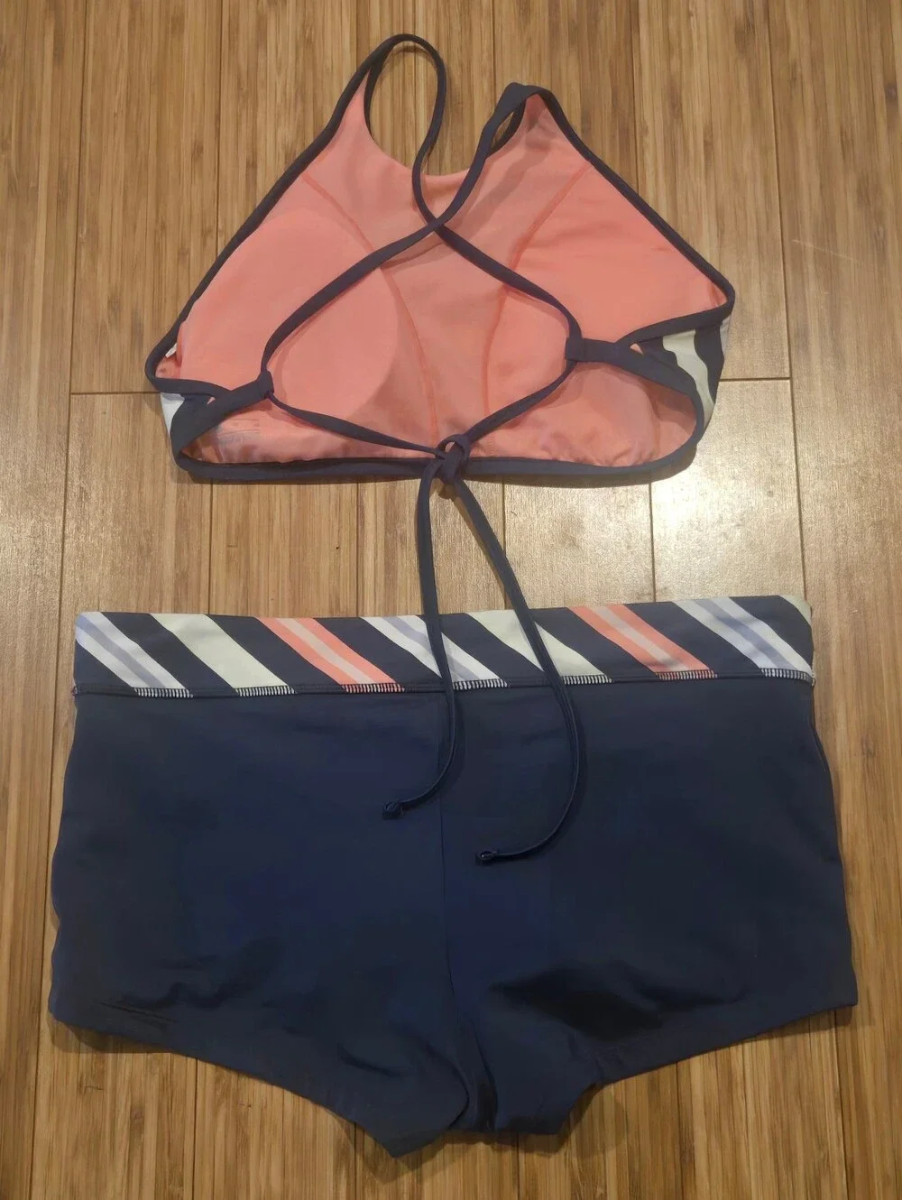 Nike Navy, Coral & White Striped High-Neck Bikini Set